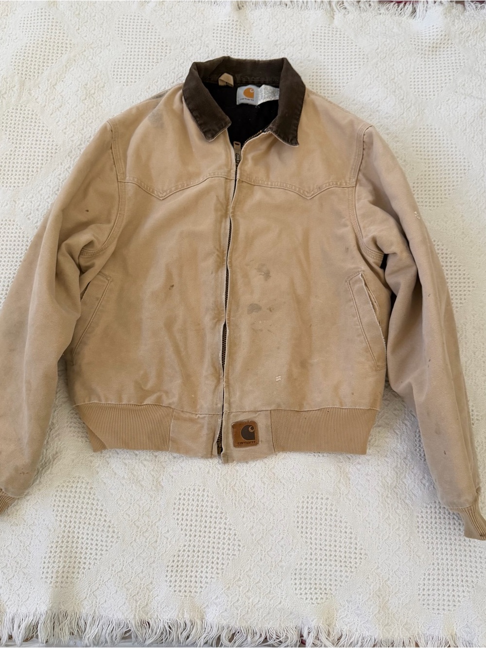 Carhartt vintage 80s RARE Men's Tan Canvas Work Jacket with Contrast Collar